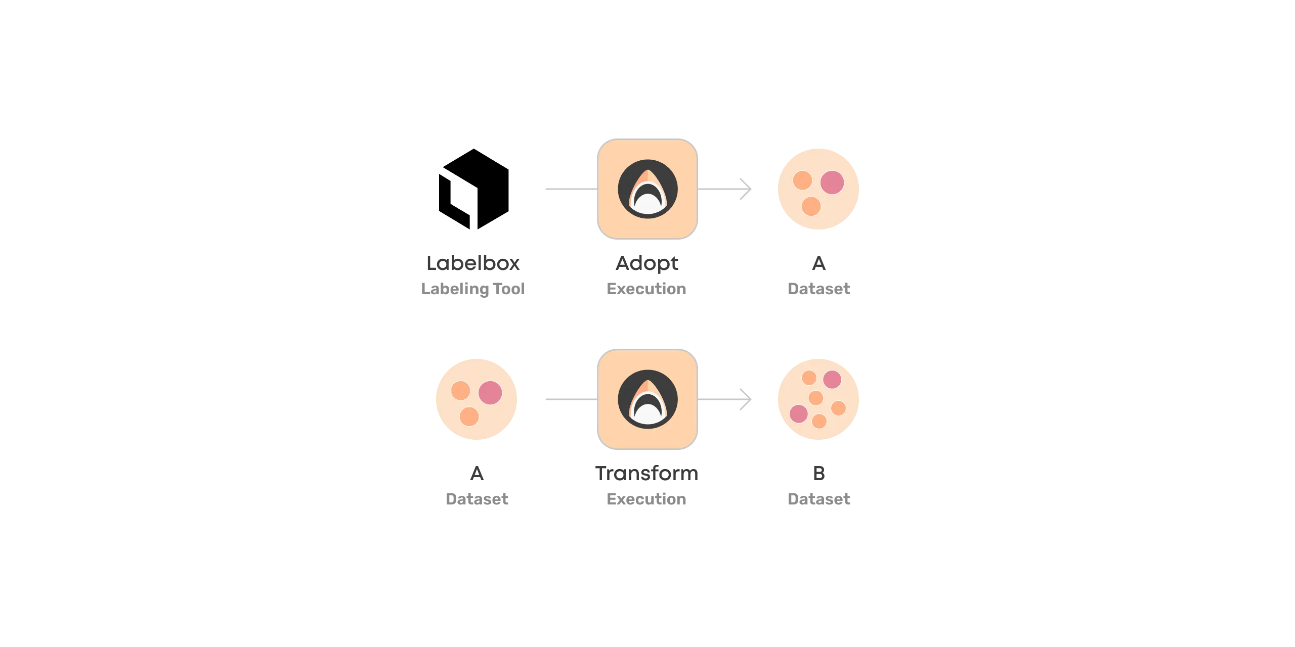 A diagram that shows how Valohai transforms datasets