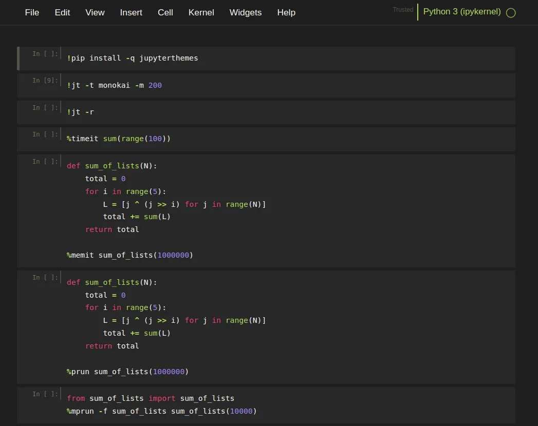 The look of theme "!jt -t monokai -m 200" for Jupyter notebok.