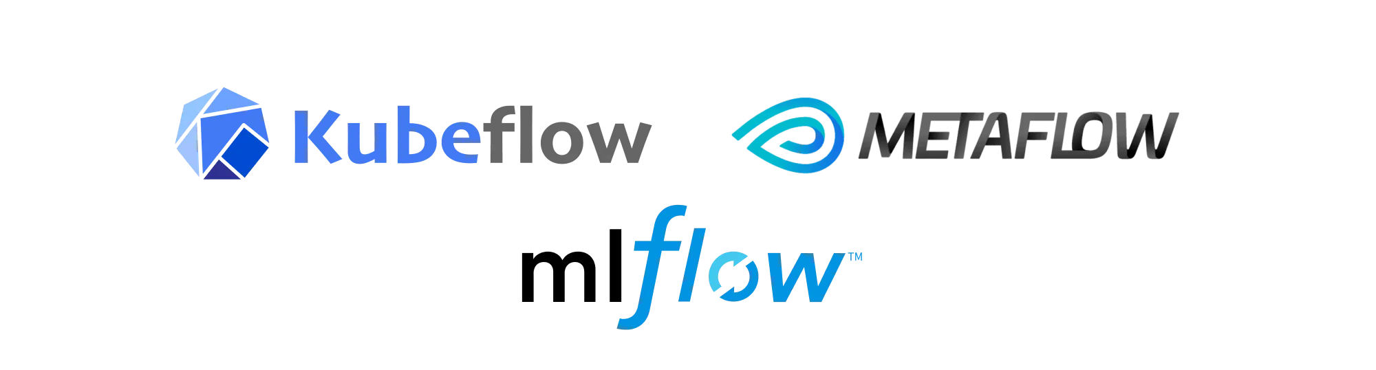 Logos of open-source MLOps platforms: Kubeflow, MLflow, Metaflow