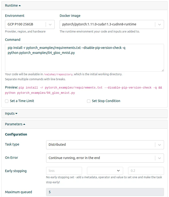 A screenshot of Valohai MLOps platform where the task type is set to distributed in the configurations.
