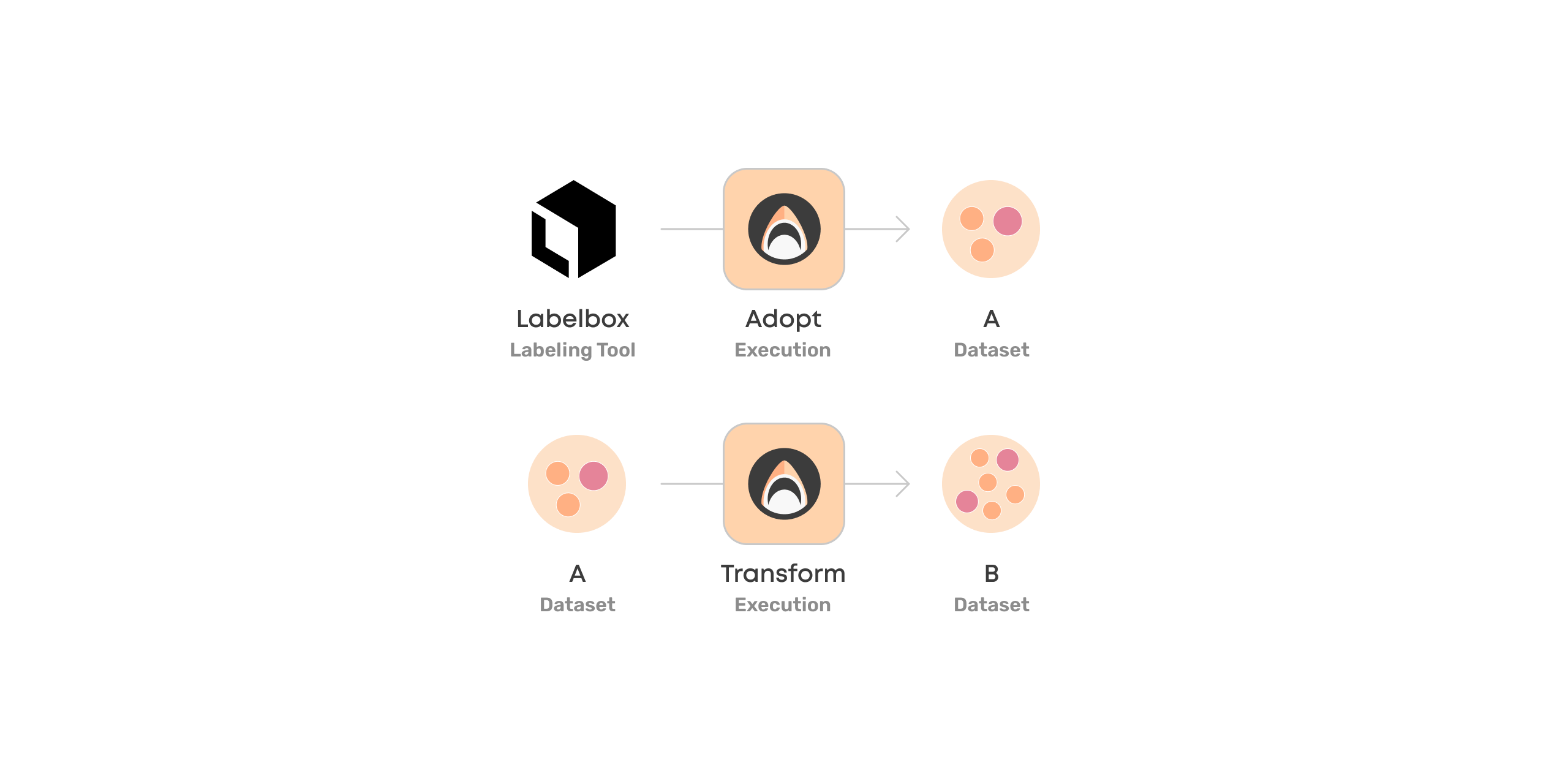 A diagram that shows how Valohai transforms datasets