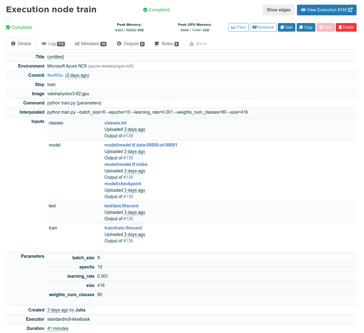 Completed execution in Valohai