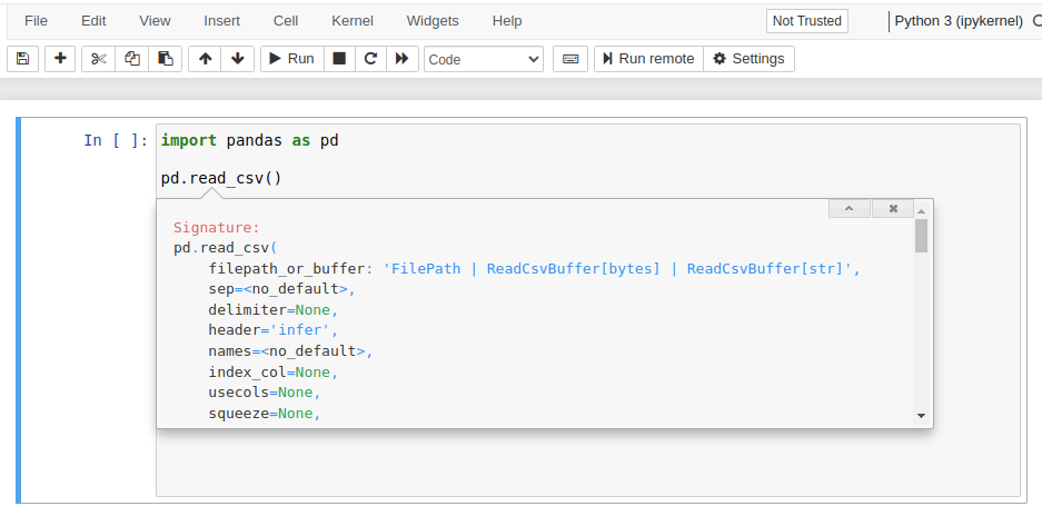 Using SHIFT+TAB in Jupyter notebook to see the signature of a method and make it larger.