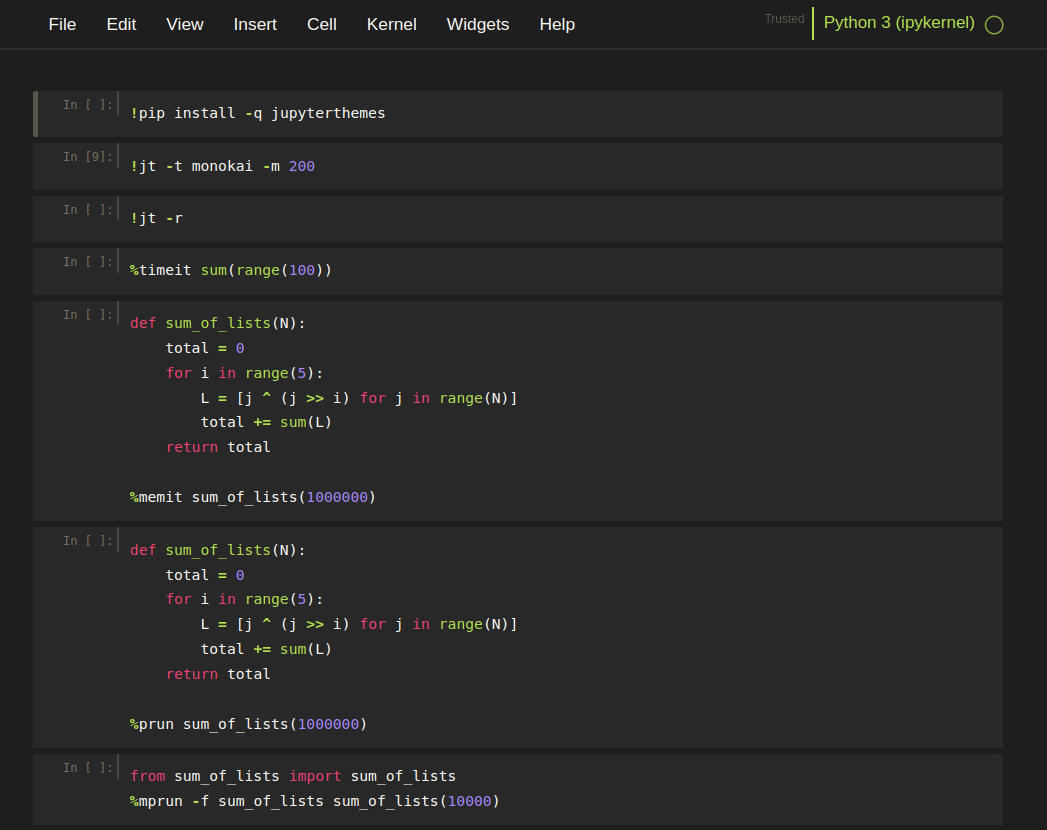 The look of theme "!jt -t monokai -m 200" for Jupyter notebok.