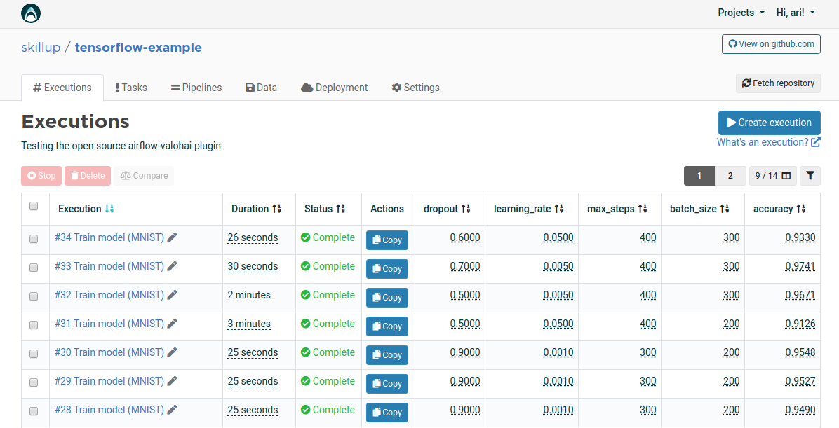 Valohai UI, ML execution parameters and accuracy