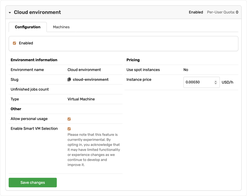 The view of enabling Valohai's Smart Instance Selection in the web UI